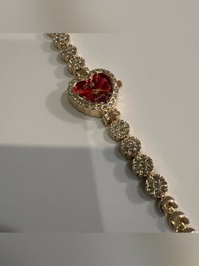 Gold-Tone Heart Bracelet Watch with Red Dial